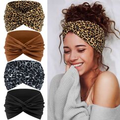Tumurup 4 Pcs Haarband Damen Dünn, Stirnband Damen Sport - Breite Elastische Weiche Haarbänder für Yoga, Fitness & Kosmetik - Headband Haarschmuck Summer (Braun, Schwarz, Leopard Braun, Leopard Grau)