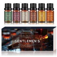 Wecona Männer Ätherische Öle Set – 6x10ml ätherische Öle naturrein für Diffuser & Kerzenherstellung, Maskuline ätherische Öle für Diffuser mit Leder, Sandelholz, Kaffee, Zedernholz, Zimt & Amber
