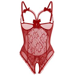 Dessous für Damen, sexy, einteilig, Teddy-Dessous, Body, Spitzen-Nachthemd, Weinrot, 3XL