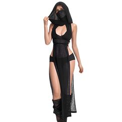 Mingnos Goth Durchsichtiges Kleid Damen Rave Outfit, Schwarzes Cutout Doppelter Hoher Schlitz Kleid für EDM Festival Outfits Club Night Out Kleider Schwarz, M