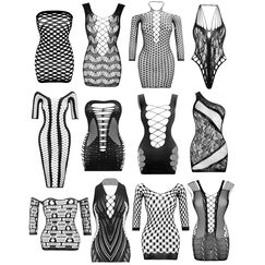 Damen Fischnetz Bodys Dessous Nachtwäsche Spitze Strümpfe Blumen für Romantische Datum Tragen Reizwäsche Schwarz (12Pack)