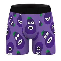 Aueyan, Lustige Herren-Unterwäsche, Boxershorts mit niedlichem Auberginen-Druck, Lila, Kein Eingriff, Mittlere Taille, Atmungsaktiv, Kühlend, Feuchtigkeitsableitend