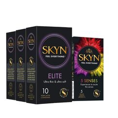 SKYN Elite Kondome 30 Stück & 5 Senses Kondome 5 Stück/Skynfeel Latexfreie Kondome für Männer, Gefühlsecht Hauchzart, Extra Dünn & Extra Weiche Kondome Box, Sensitiv, Kondome 53mm Breite