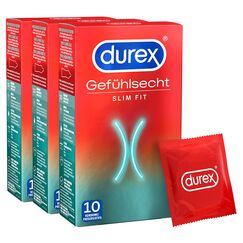 Durex Gefühlsecht Slim Kondome – Dünne Kondome mit schmaler Passform & mit Silikongleitgel befeuchtet– 3er Pack (30 Stück)