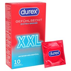 Durex Gefühlsecht XXL Kondome – Perfekter Sitz & leichtes Abrollen – Dünn, große Passform, befeuchtet, transparent – 10er Pack (1 x 10 Stück)