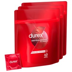 Durex Gefühlsecht Classic Kondome – Perfekter Sitz & leichtes Abrollen – Dünn, befeuchtet, transparent, angenehmer Geruch – 80 Kondome (3 x 40 Stück)