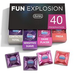 Durex Fun Explosion Kondome, 40 Stück, verschiedene Sorten: Kondome mit Erdbeeraroma, Dame Placer (Pleasuremax), Sensitivo Suave (Gefühlsecht Extra Feucht), Contacto Total