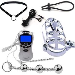 Edelstahl Keuschheitsgürtel Für Männer, Elektrischer E-Stim Sex Schock Peniskäfig Mann Mit Penis Plug Dilatator & Penisring & Anal Perlen & Gürtel Elektro Stimulation Extrem SM Sex Toys,Weiß,45mm