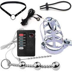 Edelstahl Keuschheitsgürtel Für Männer, Elektrischer E-Stim Sex Schock Peniskäfig Mann Mit Penis Plug Dilatator & Penisring & Anal Perlen & Gürtel Elektro Stimulation Extrem SM Sex Toys,Schwarz,45mm