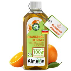 AlmaWin® Orangenölreiniger ÖKO [500ml] ideal als starker Allesreiniger & Fettlöser - Veganes Orangenreiniger Konzentrat in recycelter Flasche - Besonders ergiebiger Orangenöl Reiniger