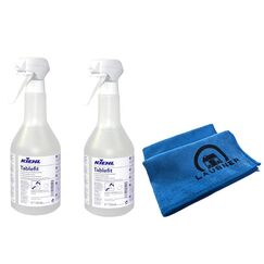 Kunststoff- und Schreibtischreiniger, Klebereste- Bleistift- Entferner mit Laubner Microfasertuch (2 Flaschen Schreibtischreiniger = 1,5 Liter)