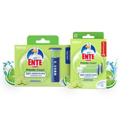 WC-Ente Frische Siegel Vorteilspack, Starter Set (inkl. 1 Nachfüller) und 2 Nachfüller, körbchenloser WC-Reiniger, Limone