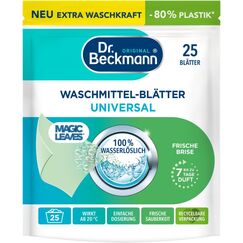 Dr. Beckmann MAGIC LEAVES Waschmittel-Blätter UNIVERSAL | vordosierte & wasserlösliche Waschblätter | platzsparend und leicht anzuwenden | 25 Blätter