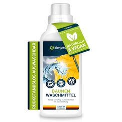 simprax® Daunen Waschkonzentrat/Waschmittel für voluminöse Daunen und Federn - GOTS Approved - Daunenjacke | Daunendecke | Daunenschlafsack - rückstandslos auswaschbar - ohne Palmöl - 500ml (flüssig)