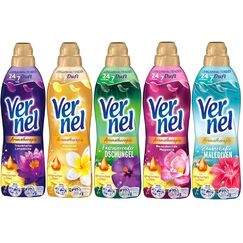 VERNEL Weichspüler Aromatherapie-Set 5x 37 Waschladungen (185WL) 1x Sinnliche Frangipani, 1x Zauberhafte Malediven, 1x Faszinierender Dschungel, 1x Traumhafte Lotusblüte, 1x Bezaubernde Magnolie