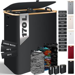 KESSER® Wäschekorb mit Deckel 2 Fächer faltbar 170 Liter Wäschebox Wäschetruhe Wäschekorb Wäschetonne | Wäschesammler mit 3x herausnehmbaren Wäschesäcke | Wäschesortierter mit Waschhinweisen Schwarz