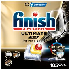 Finish Ultimate Plus Infinity Shine Citrus Spülmaschinentabs – Geschirrspültabs für intensive Reinigung, Fettlösekraft und Glanz mit Schutzschild – 105 Finish Caps
