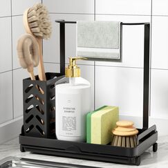 Kitsure Küchen Organizer - Spülbecken Organizer aus Edelstahl, Multifunktionaler Organizer Küchen mit abnehmbarer Auffangwanne, Schwammhalter Küche, 22.0cm x 13.6cm x 22.7cm, Schwarz