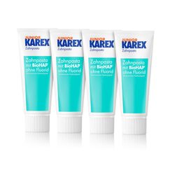 Junior KAREX Zahnpasta - 4 x 65 ml – Kariesschutz für Kinder ab 6 Jahren mit BioHAP – für die speziellen Bedürfnisse des Wechselgebisses von Kindern – repariert kleine Defekte am Zahnschmelz
