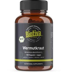 Biotiva Wermutkraut Kapseln Bio 150 Stück - 400mg - Wermut - Garantiert ohne Zusatzstoffe - Abgefüllt und kontrolliert in Deutschland (DE-ÖKO-005)
