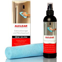 ALCLEAR 721ER Edelstahlreiniger Set + Mikrofasertuch - Reiniger für Edelstahlflächen, streifenfrei fettlösend für Küche, Kühlschrankfront, Dunstabzug & mehr – Reinigung ohne Politur – Made in Germany