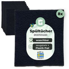 Grünschloss Spüllappen schwarz (8X) schwedische Spültücher waschbar - saugstarke Schwammtücher schwarz aus Holz-Zellstoff & Baumwolle Putzlappen - Schwarze Küchenlappen, Geschirrlappen modern