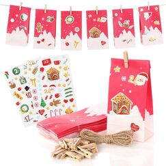 Nordstern Adventskalender zum Befüllen 2025 mit 24 Weihnachts-Papiertüten, Weihnachtsaufkleber, Juteschnur und Holz Klammern, Geschenktüten zum Basteln und Verschenken