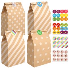 Mexgcom 20 Stück Papiertüten Braun, Papiertüten Kindergeburtstag Geschenktüten Kindergeburtstage mit 48 Aufkleber, 24 x 13 x 8 cm Tüten Papier für Kindergeburtstag, Hochzeit, Feiern