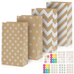 40 Stück Papiertüten Braun mit 96 Aufkleber, 24x13x8cm Geschenktüten Braun Kraftpapiertüten DIY Süßigkeiten Beutel Mitgebsel Tüten für Hochzeit Candy bar Geburtstag Tüten zum Befüllen