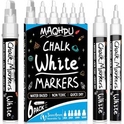 Maqhpu Weiß Kreidestifte für Fenster & Tafel Abwaschbar, 6 Stück Kreidemarker Fenster, Whiteboard Marker Fenstermalstifte Fensterstifte Tafelstifte für Glas & Gewürzgläser(1mm, 3mm, 6mm, 10mm)