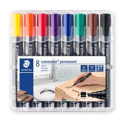 STAEDTLER permanent Marker Lumocolor, Keilspitze 2 mm oder 5 mm, wisch- und wasserfest, nachfüllbar, farbintensiv, geruchsarm, 8 Farben in der aufstellbaren STAEDTLER-Box, 350 WP8