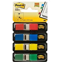 Post-it Index Flags schmal, Packung mit 4 Spendern, 35 Blatt pro Spender, 11, 9 mm x 43, 2 mm, Gelb, Rot, Grün, Blau - Zum Markieren, Hervorheben oder Farbcodieren wichtiger Informationen