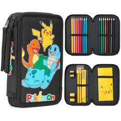 Pokemon Federmäppchen Jungen und Mädchen Mäppchen Gefüllt mit Schreibwaren Set Pikachu Geschenke für Kinder und Teenager (Glumanda Pikachu Schiggy Bisasam)