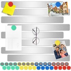 Wukong 8 Stück Magnettafel Memotafel, 30x3cm Silber Selbstklebend Magnetleisten mit 32 Starke Magnete für Büro, Pinnwand, Fotowand, Dokumente und Kühlschrank
