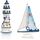 com-four® 2-teiliges maritimes Deko-Set - Dekoratives Holz-Segelschiff 27 cm und Leuchtturm 23 cm für EIN maritimes Ambiente in Ihrem Zuhause (2 Stück Leuchtturm/Segelboot - weiß/blau)