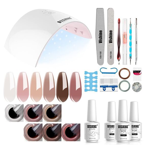 Vishine Gel-Nagellack Starterset – 6 Nude-Farben + 36 W UV/LED Lampe für Gelnägel, Farbe: Kit055