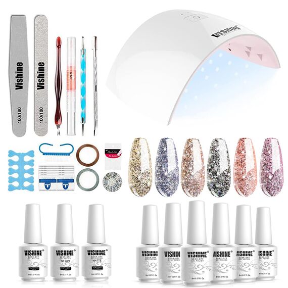 Vishine Nail Art Set – 6 Gel-Lacke, Base & Top Coat, Matt Coat, 36W LED Lampe, 33 Zubehörteile, Farbe: Kit002