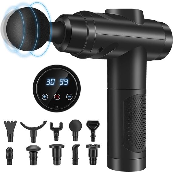 Massagepistole – 30 Geschwindigkeiten, 10 Aufsätze, LCD, leises Muskelmassagegerät für Rücken & Körper