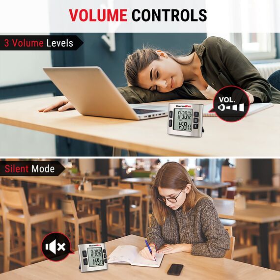ThermoPro TM02 digitaler Küchentimer mit 2 Countdown-Stoppuhren Timer/Magnetuhr mit einstellbarem lautem Alarm und Hintergrundbeleucht mit grossen LCD-Ziffern/24-Stunden-Anzeige für Kinder Lehrer, Stil: Doppel-Timer aus Edelstahl, 2 image