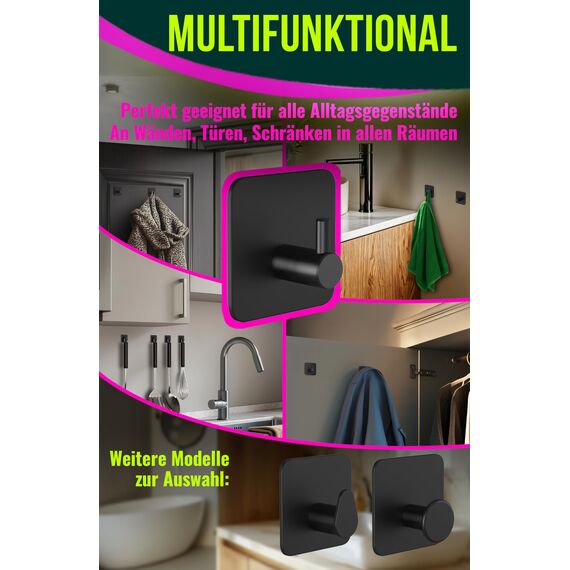 4happy Haken selbstklebend, 6er Stück, Klebehaken Edelstahl wasserfest, Handtuchhalter schwarz ohne Bohren, Selbstklebende Wandhaken als Handtuchhaken ohne Bohren, Ideal für Badzimmer, Farbe: Silber, 2 image