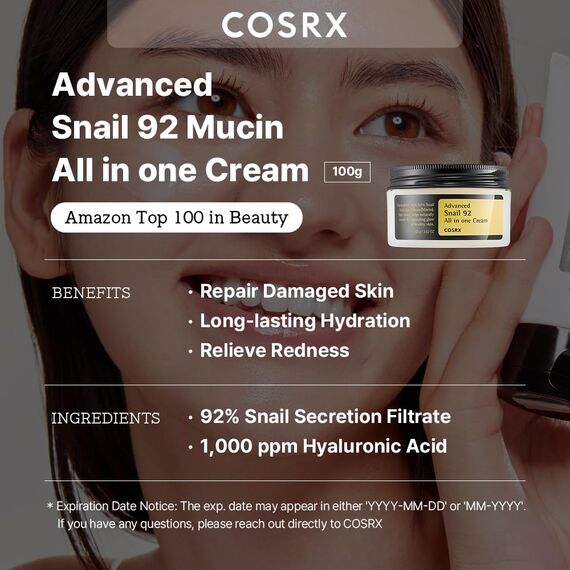 COSRX Snail 92% All in One Cream – Anti-Pickel & Anti-Falten Gesichtscreme mit Hyaluron, 2 image