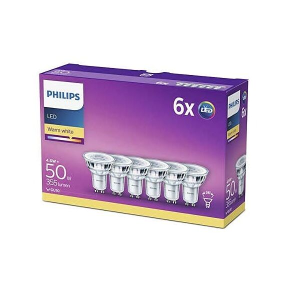 Philips LED Classic GU10 Lampen 6-er Pack (50 W), Reflektor LED Spots mit warmweißem Licht, energiesparende Lampen mit langer Nutzlebensdauer, Warmweiß