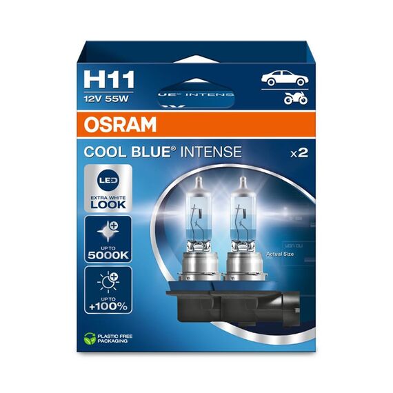 Osram COOL BLUE® INTENSE H11, +100% mehr Helligkeit, bis zu 5.000K, Halogen-Scheinwerferlampe, LED-Look, Hängebox (2 Lampen)
