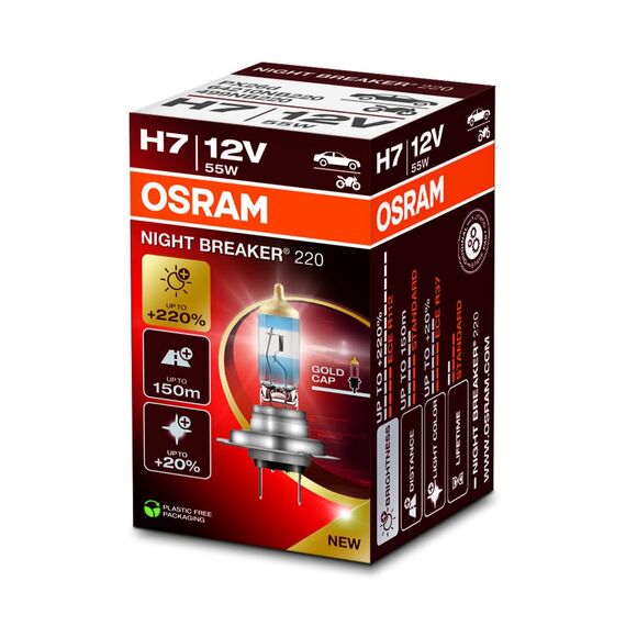 Osram NIGHT BREAKER 220, H7, +220% mehr Helligkeit, Halogen-Scheinwerferlampe, 64210NB220, Faltschachtel (1 Lampe)