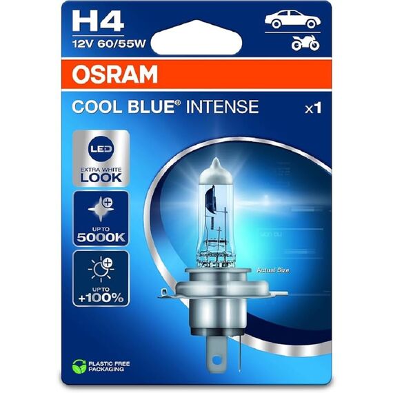 OSRAM COOL BLUE® INTENSE H4, +100% mehr Helligkeit, bis zu 5.000K, Halogen-Scheinwerferlampe, LED-Look, Einzelblister (1 Lampe)