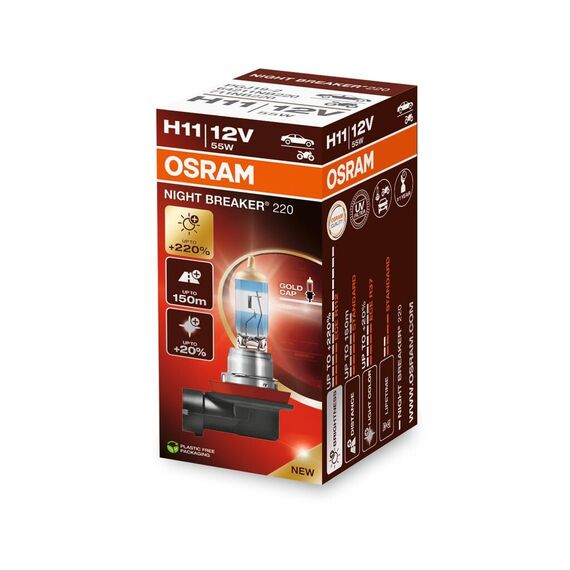 Osram NIGHT BREAKER 220, H11, +220% mehr Helligkeit, Halogen-Scheinwerferlampe, 64211NB220, Faltschachtel (1 Lampe)