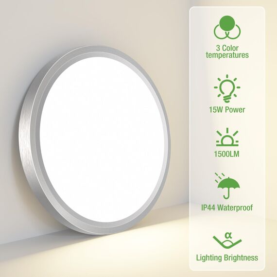 zemty 2Stück/3Farben 3000/4000/6500K LED Deckenleuchte Flach, 15W 1800LM Ø18cm Deckenleuchten, Nickel Rund Ultra Dünn Deckenlampe LED Lampen Deckenlampen,Deckenbeleuchtung für Badezimmer,Küche