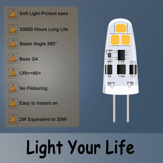 TIAFELNGLY Dimmbar G4 LED Lampen 2W, Kein Flimmern 12V G4 LED Warmweiss Energiesparende Glühbirnen AC/DC 12-24V 360 Grad Winkel Birne G4-6er Pack