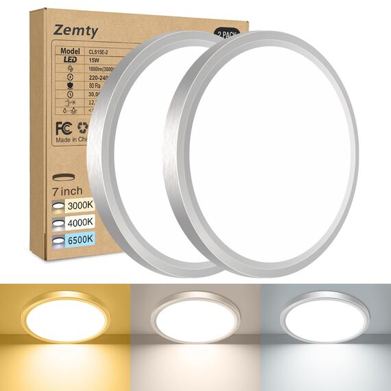 zemty 2Stück/3Farben 3000/4000/6500K LED Deckenleuchte Flach, 15W 1800LM Ø18cm Deckenleuchten, Nickel Rund Ultra Dünn Deckenlampe LED Lampen Deckenlampen,Deckenbeleuchtung für Badezimmer,Küche