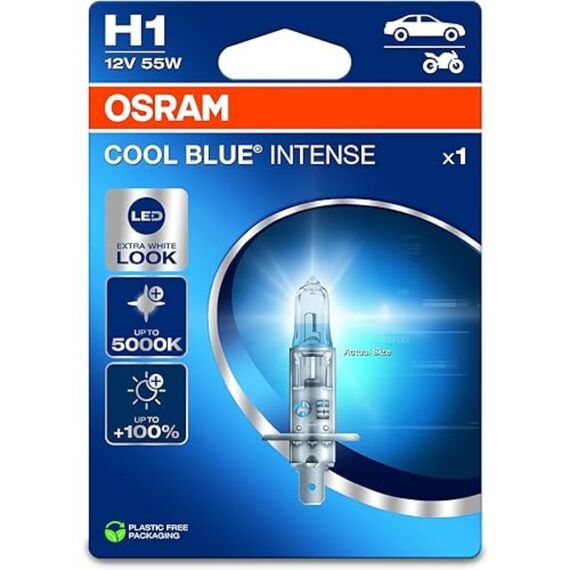 OSRAM COOL BLUE® INTENSE H1, +100% mehr Helligkeit, bis zu 5.000K, Halogen-Scheinwerferlampe, LED-Look, Einzelblister (1 Lampe)